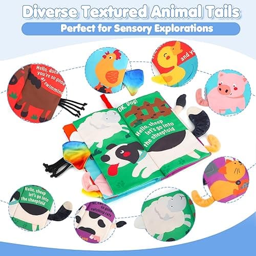 beiens Soft Toys Baby Cloth Books, Touch and Feel Crinkle Books for Babies, Infants & Toddler, Early Development Interactive Car Toys & Stroller Toys for Boys & Girls (Farm Tails-1 Book) - Farm thumbnail 2
