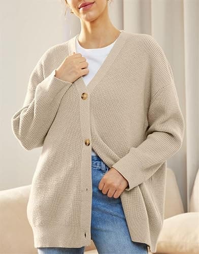 MorFansi Damen Strickjacke Strick Outwear V-Ausschnitt Vorne Offen Leicht Lockere Pullover mit Knöpfen thumbnail 2