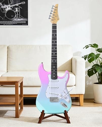 Leo Jaymz Beginner Electric Guitar 39” Kit with Portable Amplifier, Padded Gig Bag, Digital Tuner，Capo，Strap，Picks，Classic SSS Pickups(Pink-Cyan Fade-SSS) thumbnail 6