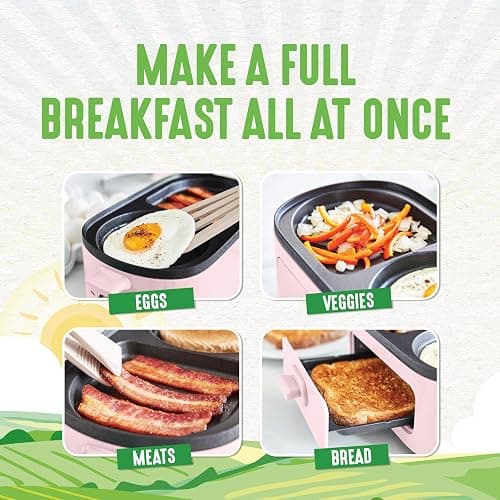 GreenLife 3-in-1 Breakfast Maker Station, Healthy Ceramic Nonstick Dual Griddles for Eggs Meat Sausage Bacon Pancakes and Breakfast Sandwiches, 2 Slice Toast Drawer, Easy-to-use Timer, Pink thumbnail 4