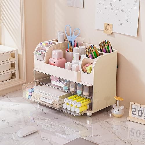 Delamu Large Makeup Organizer Countertop with 6 Brush Holders, Cream White | Vanity Organizer with 2 Drawers, Gift for Women & Girls, Holds Perfume, Skincare, Lipstick, Nail Polish & Hair Accessories thumbnail 8