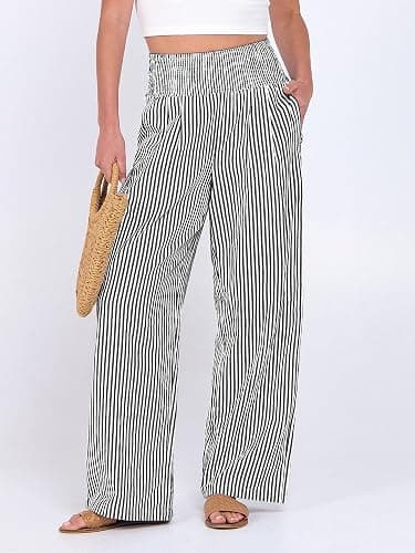 ANRABESS Womens Striped Gingham Palazzo Pants Wide Leg High Waisted Lounge Pajama Pants Cute Casual Trousers with Pockets thumbnail 2
