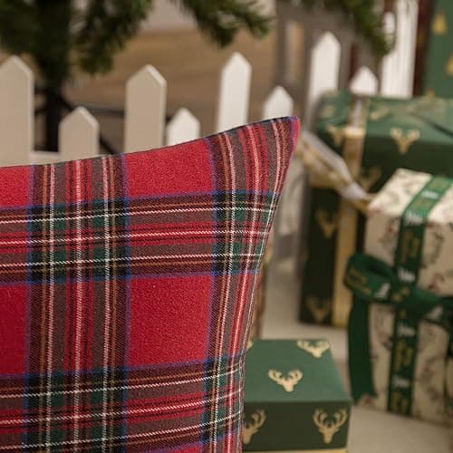 AQOTHES Pack of 2 Christmas Plaid Decorative Throw Pillow Covers Scottish Tartan Cushion Case for Farmhouse Home Holiday Decor Red and Green, 18 x 18 Inches thumbnail 6