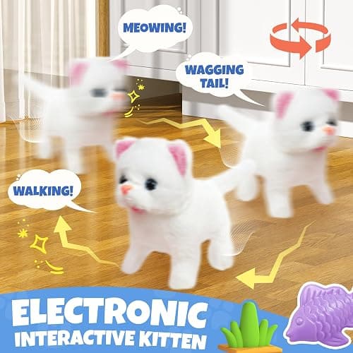 SMILESSKIDDO Walking Cat Toys for Girls - Electronic Kitty Meow with Wagging Tail, Storage Cage and Accessories, Interactive Pet Care Playset, Gifts for Toddlers 1 2 3 4 5 6 Year Old thumbnail 2