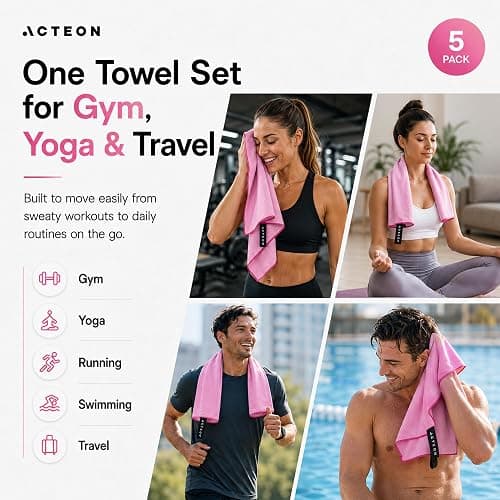 Acteon Microfiber Gym Towels 5 Pack Quick Dry, Silver ION Odor-Free, Super Absorbent Sweat Towels for Women, Workout, Yoga, Pilates, Tennis, Running, Swimming, Travel 16x30.5 Inch (Lavender Rose) thumbnail 9