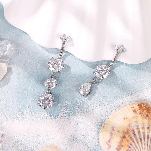 NICEIGHT 2Pcs Surgical Steel Dangle Belly Button Ring for Women Internally Threaded CZ Dangling Navel Ring Hypoallergenic Teardrop Belly Piercing Jewelry 8-16MM thumbnail 2