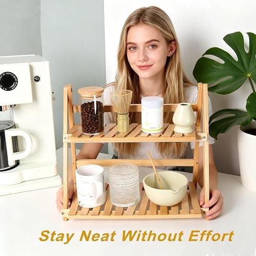 HORIBND Coffee Station Organizer, Matcha Station, Foldable Bamboo Mug Holder for Countertop, Tea & Coffee Bar Accessories, 2 Tier Shelf for Kitchen Counter Organizer, Matcha Stand, Spice Rack thumbnail 5