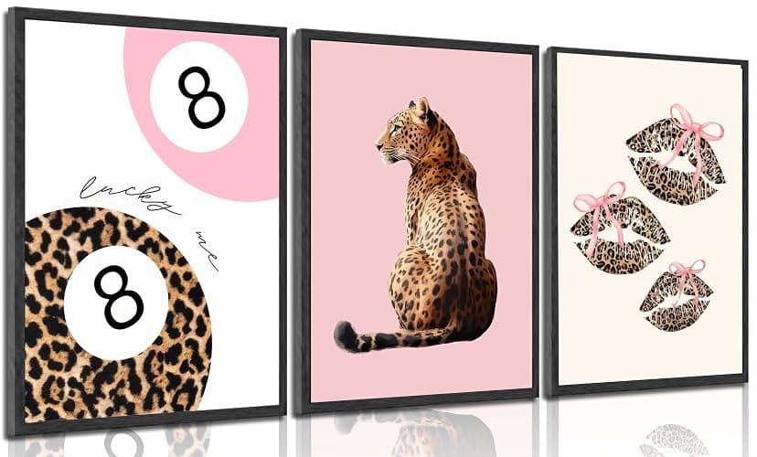YUFXSTZV 3Pcs Pink Cheetah Wall Art Leopard Bow Print Painting Fashion Lucky 8 Ball Poster Leopard Lips Canvas Wall Decor Funky Preppy Room Aesthetic Picture for Girls Room Dorm Apartment Unframed - Image 1