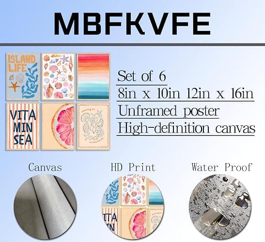 MBFKVFE 6 Pcs Coastal Wall Art, Colorful Beach Wall Decor with Seashell Starfish Coral and Grapefruit, Tropical Island Life Prints & Paintings for Bedroom Dorm Living Room 8x10 / 12x16 Inch Unframed thumbnail 9