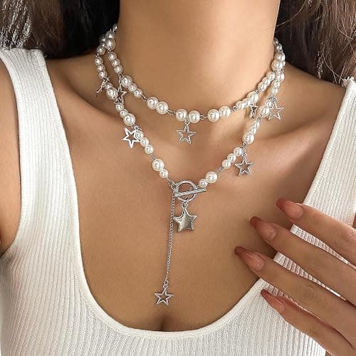 LAKIYOYO Silver Star Necklace Star Y2k Layered Necklace Chunky Stack Toggle Chain Summer Beach Jewelry with Silver Chains for Women thumbnail 3