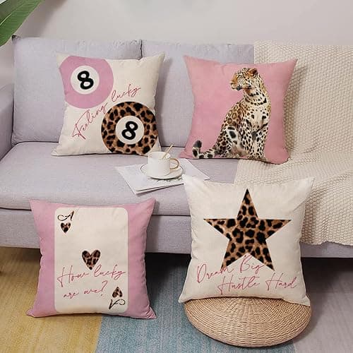 Fjfz Feeling Lucky 8 Ball Pink Leopard Print Decorative Throw Pillow Covers | 18 x 18 Set of 4, Trendy Cheetah Billiards Playing Card Star Home Decor, Funky Girls Dorm Bedroom Sofa Couch Cushion Case thumbnail 2