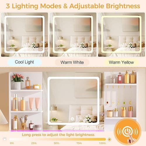 BEWISHOME 49.2" Vanity with Mirror and RGB Lights,Full-View Glass Desktop | White Makeup Vanity Table with 10 RGB Drawers,4 Shelves 5 Hooks and Power Outlet,Dressing Table for Girls Women Bedroom thumbnail 7