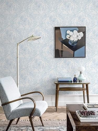 Ismoon Peel and Stick Wallpaper Vintage Floral Contact Paper Boho Watercolor Blue Damask Wallpaper Textured Removable Self Adhesive Vinyl Wall Paper for Bedroom, 17.3 in X 6.5 ft thumbnail 6