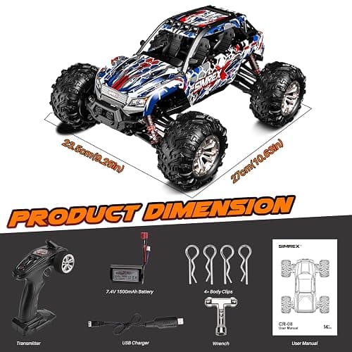 SIMREX 1/16 Scale Hobby RC Car, 36 KPH High-Speed 4WD RC Truck, 2.4 GHz Remote Control Car, All-Terrain Electric Vehicle, 4X4 Remote Contral Moster Truck for Kids and Adults thumbnail 8