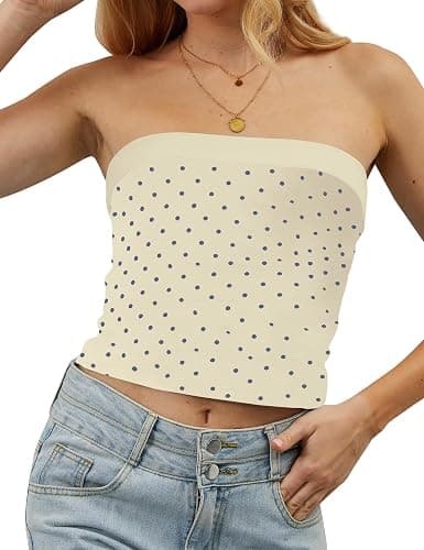 TERIVEEK Women Strapless Reversible Foldover Tube Top Y2K Floral Print Graphic Crop Bandeau Tops Sleeveless Slim Fit Shirt thumbnail 6