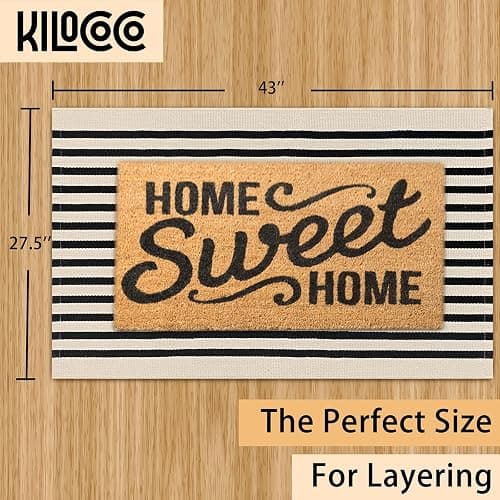 KILOCOCO Beige Striped Rug 2.3'x3.6' Indoor Outdoor Rugs Front Door Mat Hand Woven Cotton Washable Striped Layered Doormats for Front Porch/Kitchen/Farmhouse/Entryway/Patio thumbnail 2