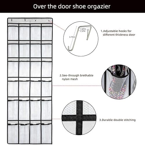 SAVERHO Over The Door Shoe Organizer, Hanging Shoe Organizer with 24 Mesh Large Pockets Door Shoe Rack Organizer for Men Women Kids Hanging Shoe Storage Bag.(White thumbnail 3