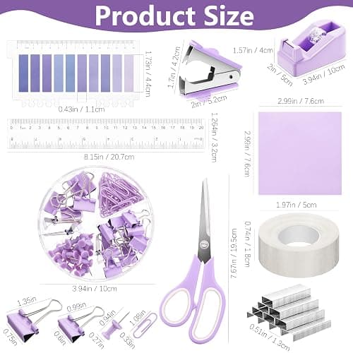 15 Pcs Purple Office Supplies Set Mesh Desk Organizer Accessories Kit Include Stapler Tape Dispenser Staple Remover Clips Ruler Scissors Sticky Notes for Office School Home Women (Purple) thumbnail 3