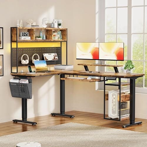 Flycity Electric L Shaped Standing Desk Adjustable Height, 67" x 47" Corner Computer Desk with Host Shelf, Gaming Desk with LED Lights & Power Outlet, Dual Motor Home Office Desk with Storage, Brown thumbnail 7
