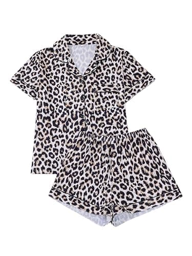 BEAUDRM Women's Two Piece Pajama Sets Allover Print Short Sleeve Sleepwear Button Down Shirt and Bow Shorts Pj Set Loungewear - Image 1