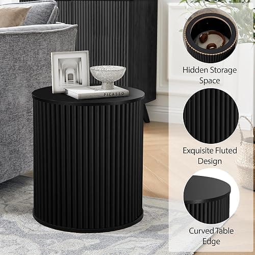 AVZEAR Small Round Side Table Fluted Night Stand Set of 2, Mid Century Modern End Table with Storage, Circle Bedside Tables Wood Nightstands for Small Spaces, Living Room, Bedroom (Black) thumbnail 4
