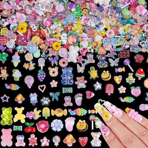 250pcs Kawaii 3D Candy Nail Charms Kit,Y2K Cartoon Gummy Bear Bees Fruit Pineapple Sweet Candy Lollipop Donut Ice Cream Cute Heart Star Bows Mixed Colors Jewelry Nail Embellishments for Nail Art Craft - Image 1