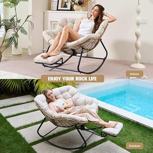 Oversized Rocking Chair with Foot Rest & Ottoman, Outdoor Reading Chair, Comfy Rocking Chair for Patio Porch Balcony, Cozy Indoor Reading Nook Chair, Chaise Lounge Chair Indoor, Big Comfy Chair, Beige thumbnail 7