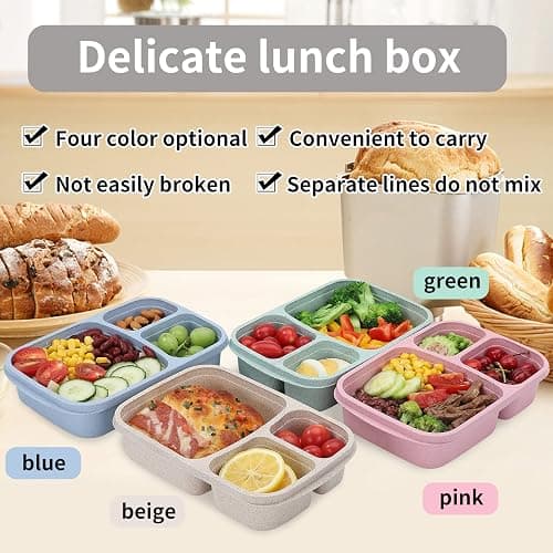 buluker 4 Pack Bento Lunch Box Set 3 Compartment Food Storage Containers Wheat Straw Meal Prep Lunch Box Plastic Food Storage Containers, Microwave and Dishwasher Safe (light colour) thumbnail 5
