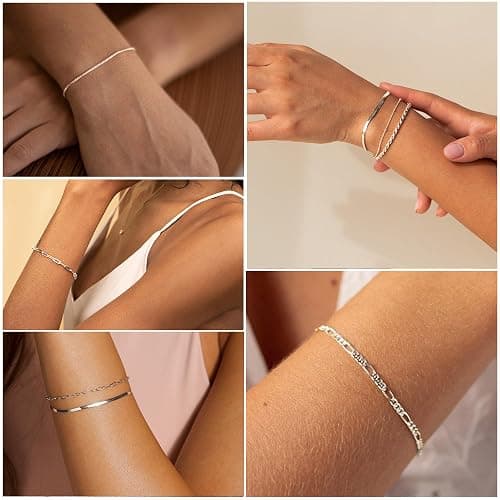 DEARMAY Dainty Silver Plated Bracelets for Women Trendy, Silver Jewelry Set for Women Bracelets for Women Paperclip Box Herringbone Figaro Rope Chain Bracelet Fashion Pack Gifts for Women thumbnail 5