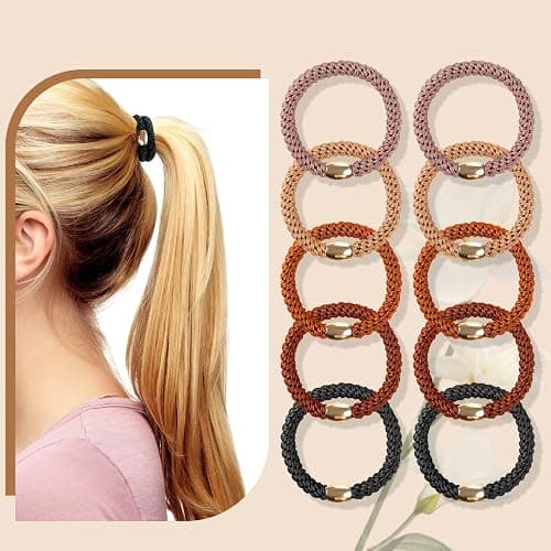 FORENEE 10Pcs Hair Ties for Thick Hair, No Damage - Neutral | Braided elastic ponytail holders with stretch for women and girls; suitable for buns, gym, work, travel and daily wear. thumbnail 9