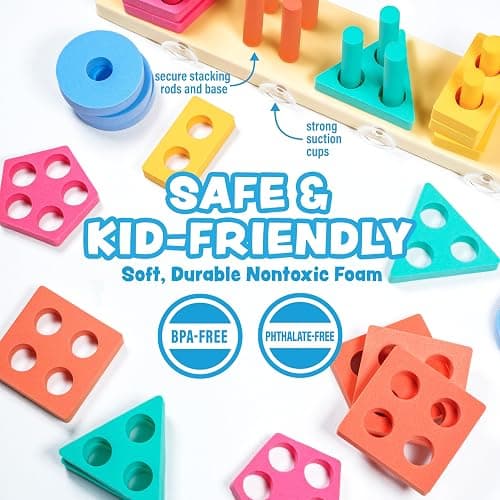 Tub Works® Splash, Stack & Sort™ Shape Sorter & Stacking Toddler Bath Toy | 20 Foam Pieces | Color Sorting & Shape Stacking Kids Bath Toys | Floats & Sticks to Tub Walls | Early Learning Bathtub Toys thumbnail 6