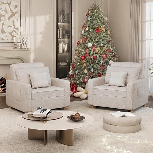 U-MAX 36" Convertible Chair Bed Sleeper Sofa, 3-in-1 Pull Out Sofa Chair with Side Pocket, Pillow and Adjustable Backrest for Small Space, RV, Apartment, Living Room in Beige thumbnail 3
