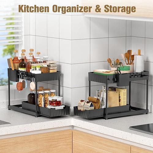Latoxcaa 3 Pack Under Sink Organizer for Bathroom, ABS Material Pull Out Kitchen Organizers and Storage with Hooks Hanging Cup, 2 Tier Multi-Use Cabinet Organizer Storage for Bedroom/Office, Black - Double Pull-out+medium Size thumbnail 6