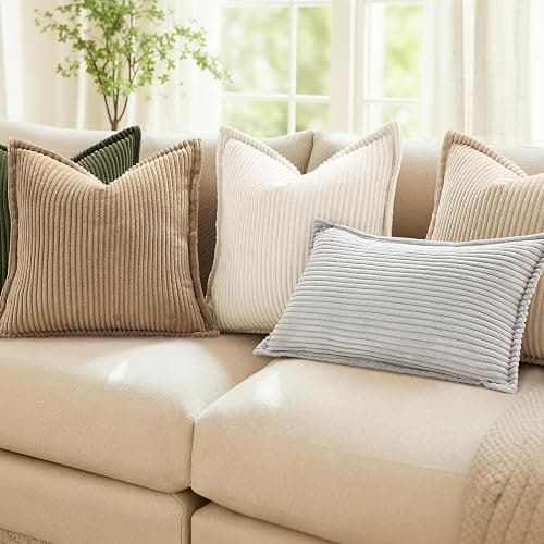 Mecatny Corduroy Fall Throw Pillow Covers 18x18 Set of 2 Cream White | Soft Striped Texture, Broadside Design, Neutral Boho Square Pillow Cases for Sofa Couch Living Room Bedroom, Home Décor thumbnail 2