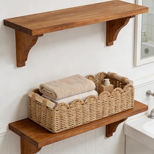 Scalloped Edge Bathroom Counter Organizer Basket with Wooden Handles, Khaki Paper Rope Toilet Tank Top Basket, Toilet Paper Storage Basket for Vanity, Shelves – 14" x 6.3" x 3.9" thumbnail 5
