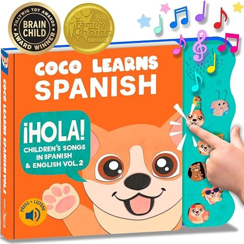 Coco Learns Spanish Vol. 2 — Interactive Sound Board Book for Toddlers 1-3, Bilingual English & Spanish Songs & Music, Talking Musical Book, Musical Toy Gift for Babies & Kids - Image 1