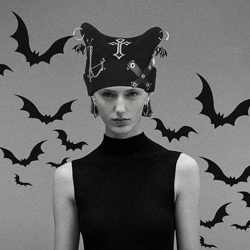 Arogheiz Womens Grunge Beanie Goth Crochet Hat, Y2K Cat Fox Ear Beanie Gothic Accessories Winter Outdoor Streetwear Black thumbnail 5