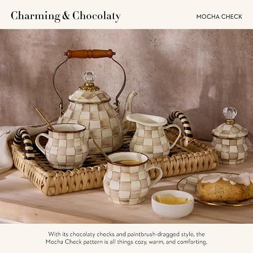 MACKENZIE-CHILDS Enamel Teapot, Cute Small Teapot with Lid, 4-Cup Capacity, Brown-and-White Mocha Check thumbnail 2