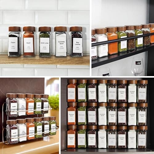 CKCY 24 Pcs Spice Jars, 4oz Seasoning Containers with Acacia Wood Shaker Lids, Glass Spice Bottles with Labels, Square Seasoning Organizer, Kitchen Spice Container thumbnail 6