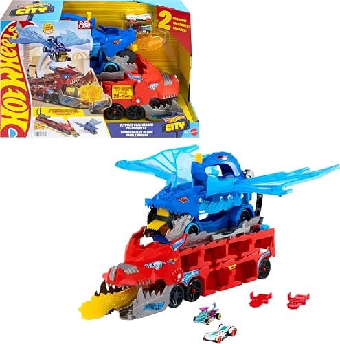 Hot Wheels City Toy Car Track Set, Ultimate Dual Dragon Transporter & 2 Die-Cast Cars, Large-Scale Dragon & Detachable Dragon, Stores 20+ Vehicles - Image 1
