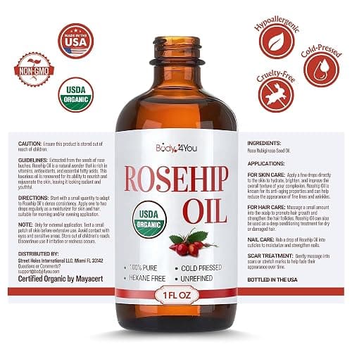 BodyJ4You Rosehip Oil for Face - 100% Pure Natural USDA Organic Cold Pressed - Hydrating Skin Hair Nails Anti-Aging Wrinkle Scar Treatment Gua Sha - Non-GMO Undiluted Carrier - Glass Bottle 1 Fl Oz thumbnail 9
