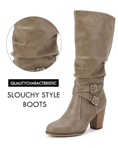 Ermonn Womens Mid Knee High Boots Chunky Heel Slouchy Metal Buckle Side Zipper Fashion Winter Shoes thumbnail 4