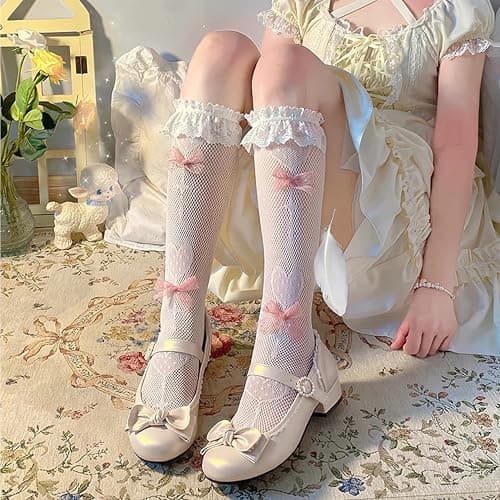 Benefeet Sox Womens Lace Knee High Socks Girls Ruffle Knee Highs Sexy Sheer Trouser Socks Black White Mesh Fishnet Stockings thumbnail 2