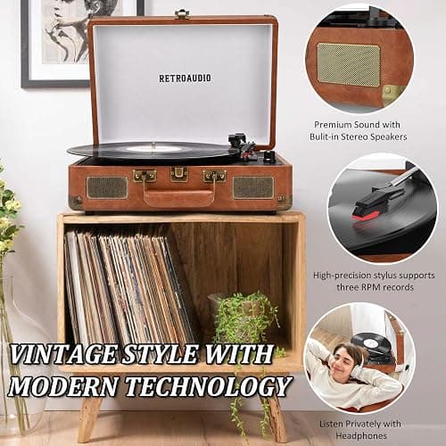 Vinyl Record Player 3-Speed Bluetooth Portable Suitcase Records Player with 2 Built-in Stereo Speakers, Belt-Driven Turntable for Vinyl Records, Support RCA Line Out, AUX Out, Brown thumbnail 5