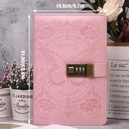 TIEFOSSI Diary with Lock for Women Girls, Lined Locked Journal, Butterfly Journal Notebook with Pen and Bookmark, A5 Refillable Locking Journals for Writing, 224 Numbered Pages thumbnail 3