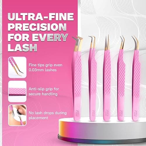 5 Pcs Fiber-Tip Japanese Steel Lash Tweezer Set with Leather Case, Professional Eyelash Tweezers for Lash Extensions – Titanium Coated, 90 & 45 Angled, Precision Pointed Tweezers (PINK) thumbnail 2