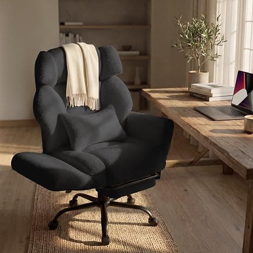 Office Chair with Flip Armrests,Big and Tall Office Chair with Foot Rest,Extra Wide Seat & Lumbar Pillow,Ergonomic Computer Gaming Chair,Comfy Criss Cross Chair for Pets Sitting,Teddy Fleece,Black - Image 1