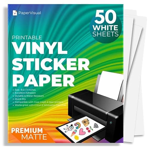 Premium Printable Vinyl Sticker Paper for Inkjet and Laser Printer - 50 White Matte Sticker Paper Waterproof - Excellent Adhesion Paper 8.5 x 11, Fast Dry, Holds Ink Well, Great for Cutting Machines - Image 1