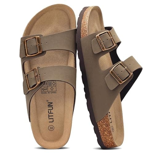 Litfun Unisex Cork Footbed Sandals Summer Slip On Slides for Women Men | Adjustable Buckle, Comfortable Sandals With Arch Support, Beach Casual Style - Image 1