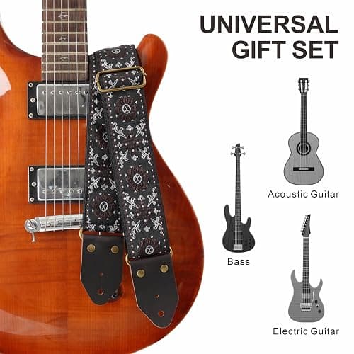 Nefelibata Guitar Strap,Jacquard Embroidery Cotton Guitar Straps with Crazy Horse Leather Ends for Bass, Electric & Acoustic, Best Gifts for Kids, Guitarists(Brown flower embroidery) thumbnail 6